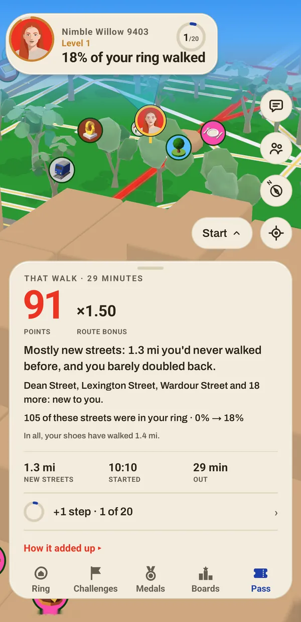 A walk's close card: 91 points, mostly new streets.