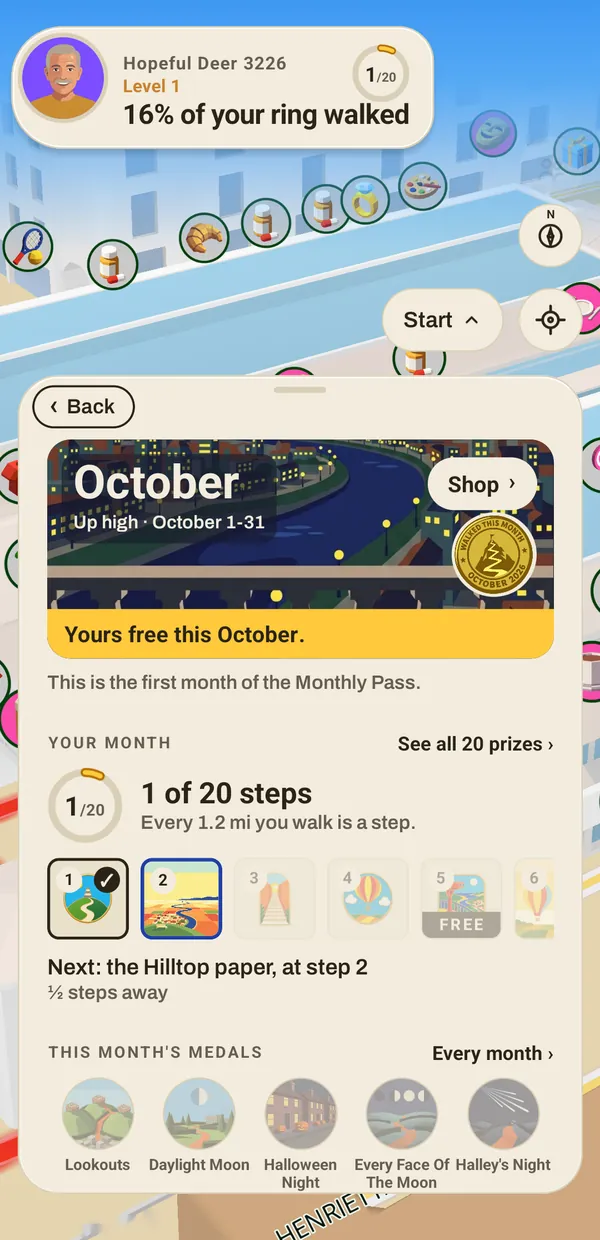 The Pass in the game: October, the first step claimed, and the month's five medals.