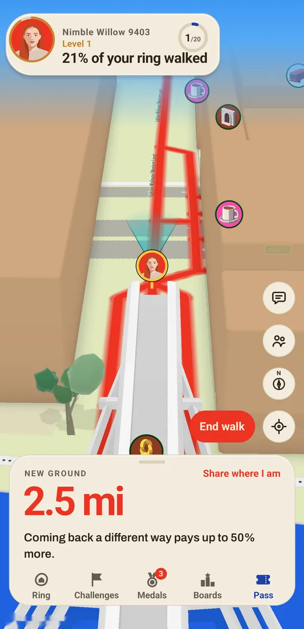 The map by day: walking across the Millennium Bridge, the walked street in red.