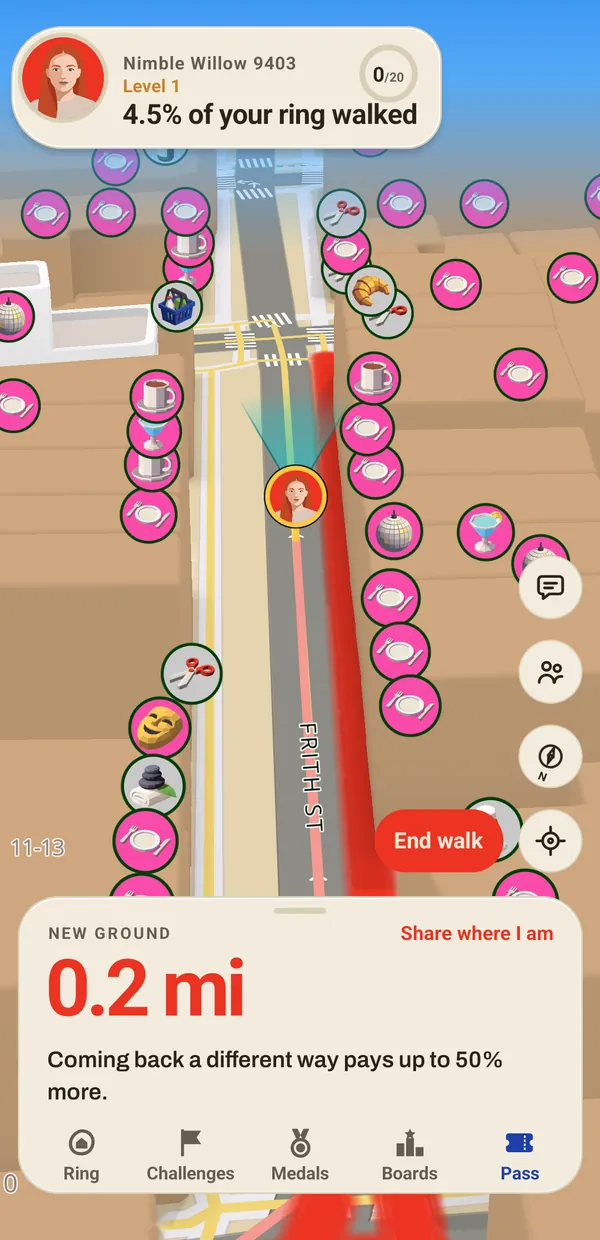 The map in Soho, London: a walker's face at the front of a red line that follows them up the street.